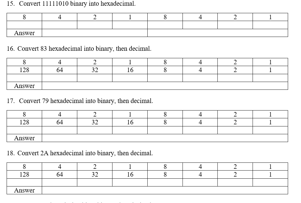 Solved 15. Convert 11111010 binary into hexadecimal. 16. | Chegg.com