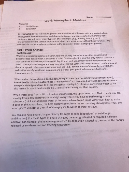 Name Lab 6 Atmospheric Moisture Materiols 1.