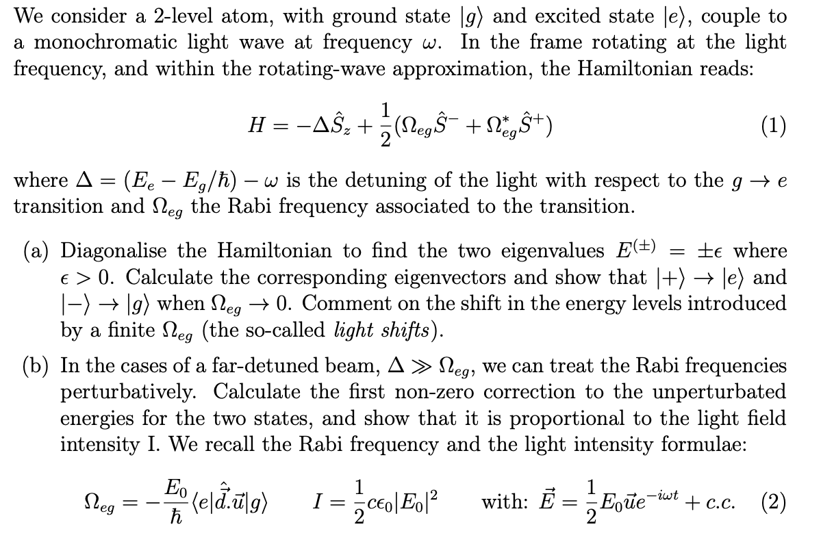 Solved We Consider A 2 Level Atom With Ground State ∣g And