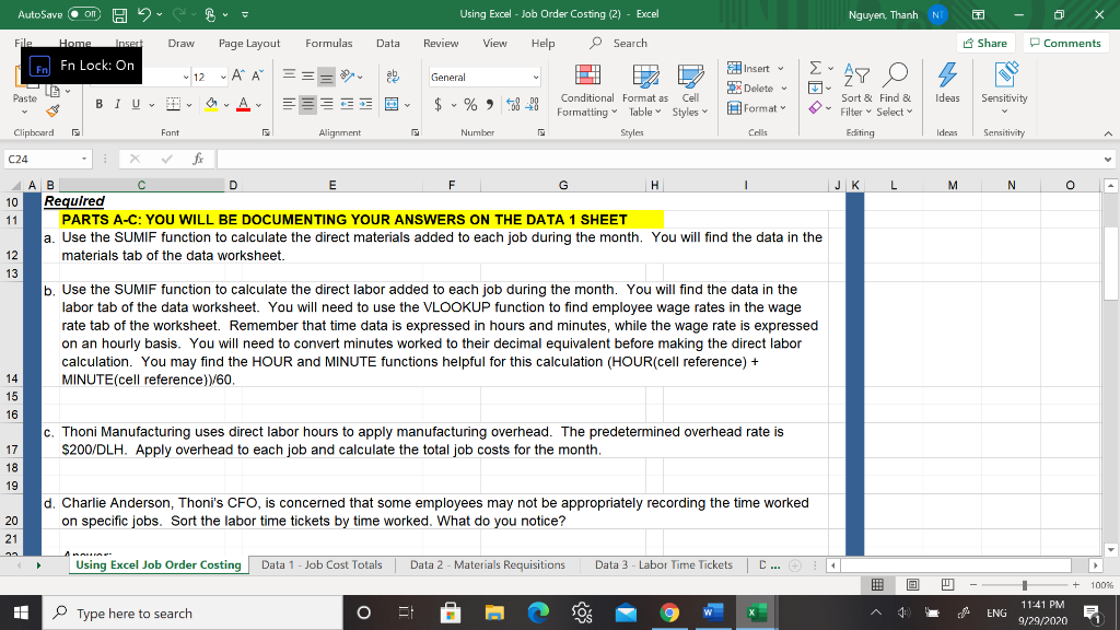 AutoSave On B H2 Using Excel - Job Order Costing (2) | Chegg.com