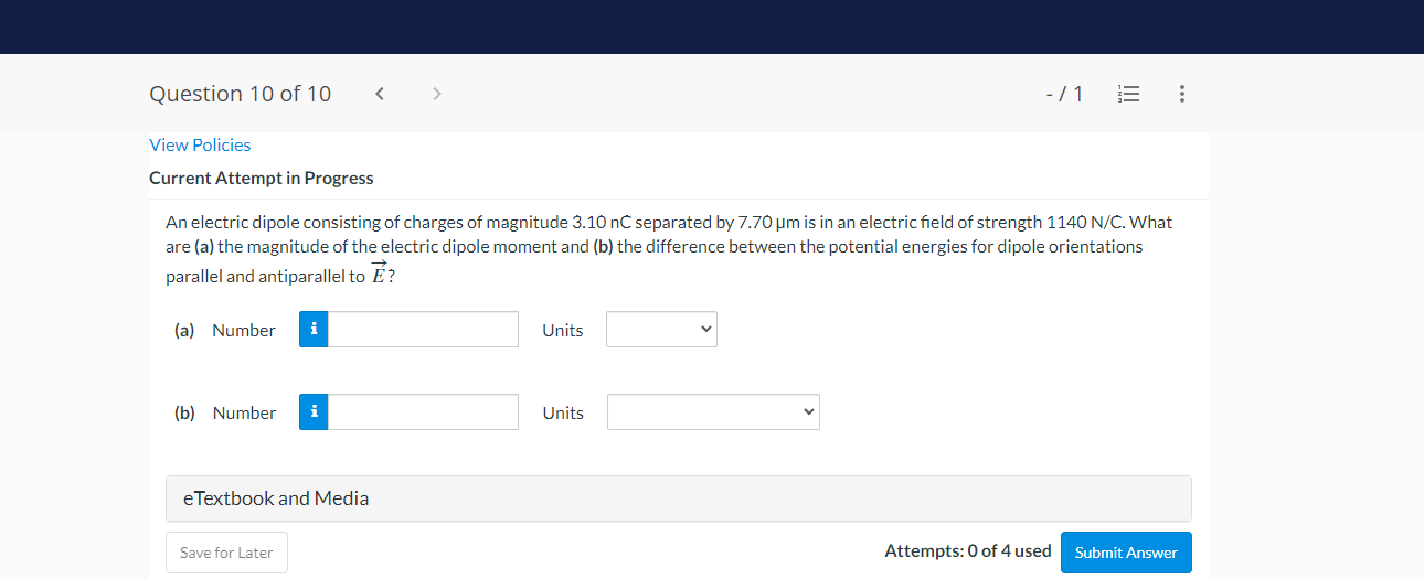 An electric dipole consisting of charges of magnitude \( 3.10 \mathrm{nC} \) separated by \( 7.70 \mu \mathrm{m} \) is in an 