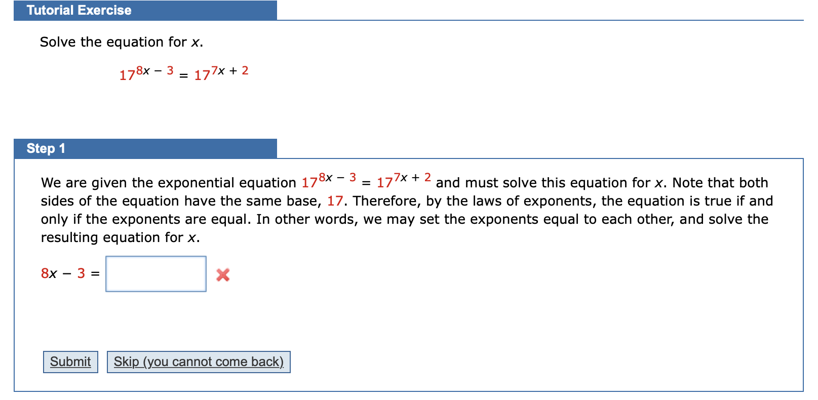 Solved Tutorial Exercise Solve the equation for x. 178x – 3 | Chegg.com