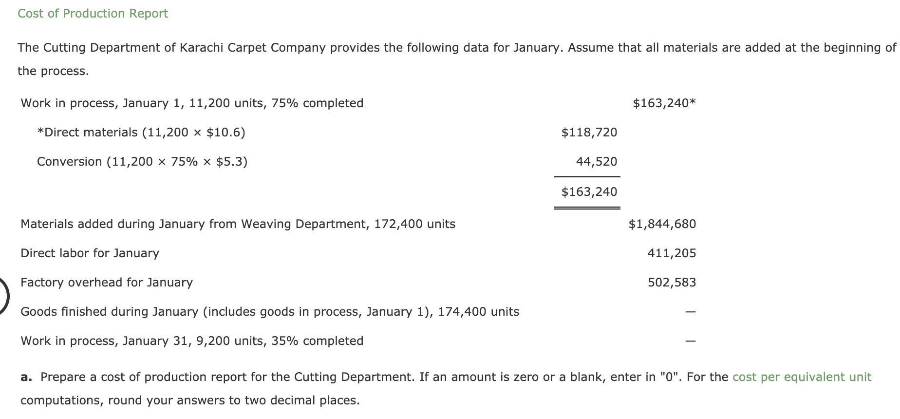 Solved Cost of Production Report The Cutting Department of | Chegg.com