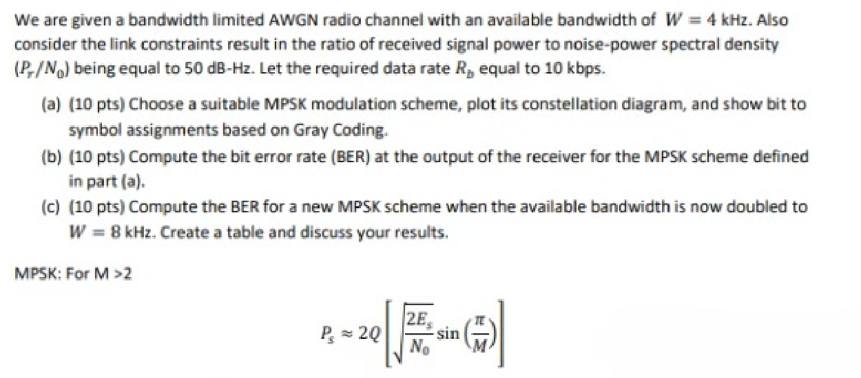 Solved We are given a bandwidth limited AWGN radio channel | Chegg.com