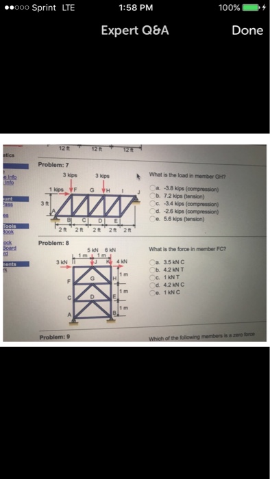 Solved What is the load in member GH? A. -3.8 kips | Chegg.com