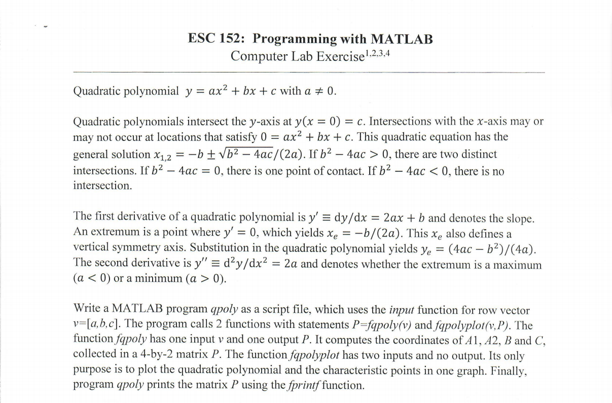 Solved ESC 152: Programming with MATLAB Computer Lab | Chegg.com