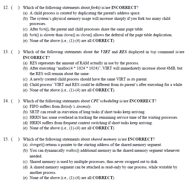 Solved 12.() Which of the following statements about fork()