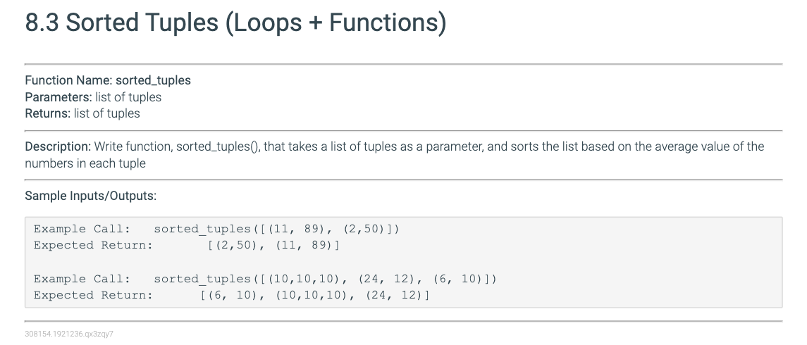 Solved 8.3 Sorted Tuples (Loops + Functions) Function Name: | Chegg.com