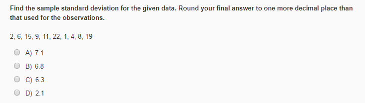 Solved Find the sample standard deviation for the given | Chegg.com