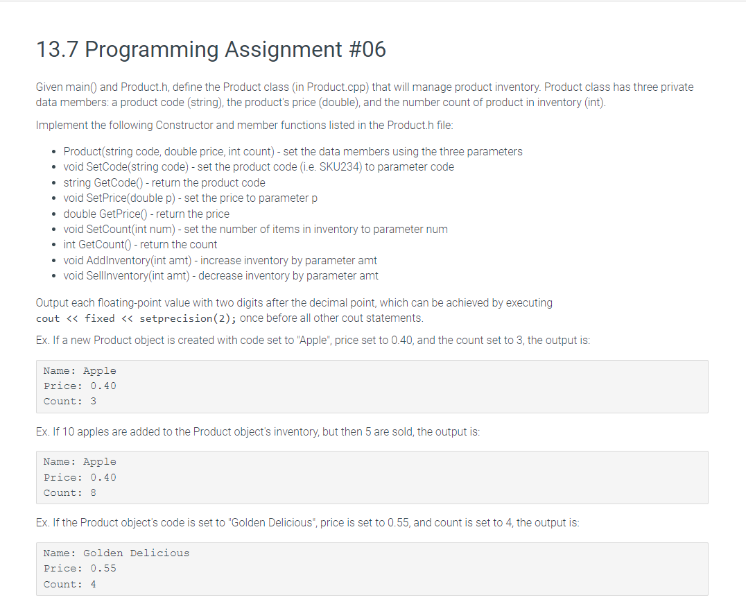Solved 13.7 Programming Assignment #06 Given main() and | Chegg.com