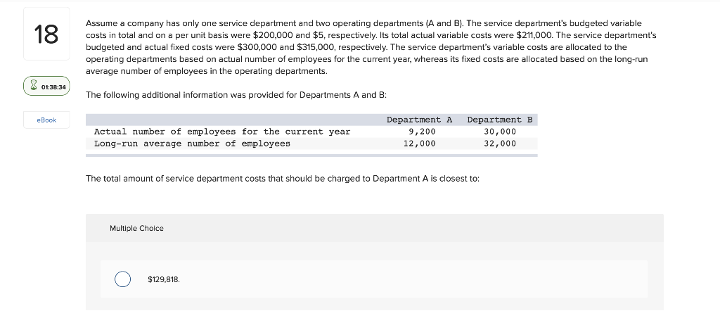 Solved 18 Assume A Company Has Only One Service Department | Chegg.com