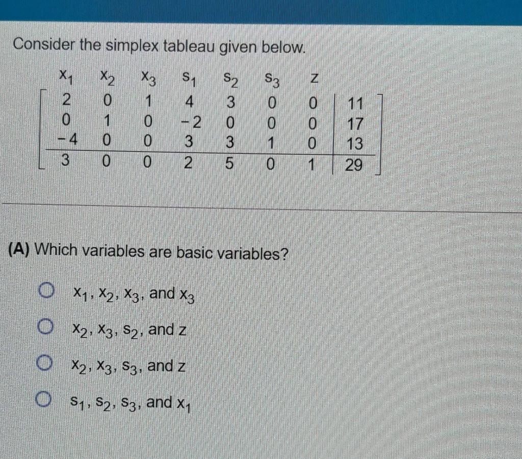 Solved Consider the simplex tableau given below. Si S2 X2 X3 | Chegg.com