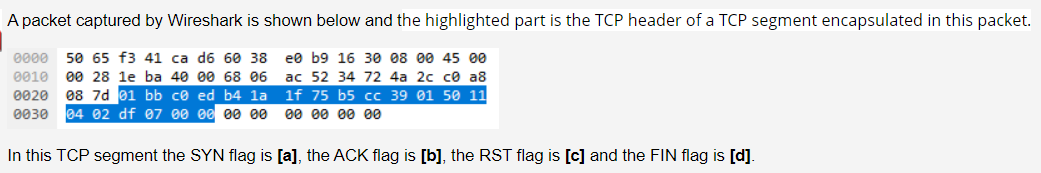 A packet captured by Wireshark is shown below and the highlighted part is the TCP header of a TCP segment encapsulated in thi