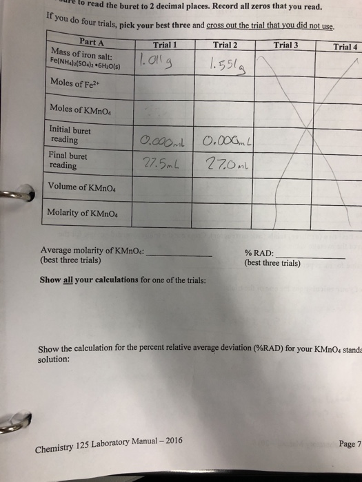 Solved re to read the buret to 2 decimal places. Record all