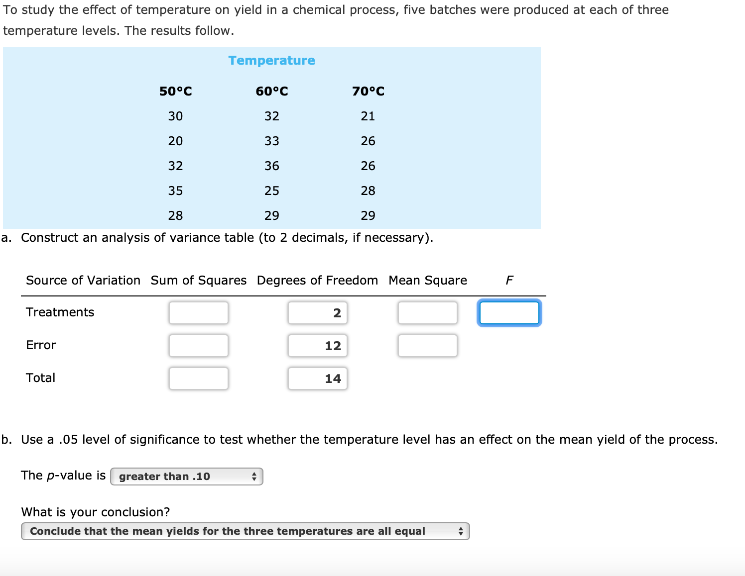 Solved To study the effect of temperature on yield in a | Chegg.com