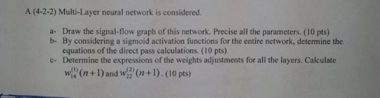 A (4-2-2) Multi-Layer neural network is considered. a- Draw the signal-flow graph of this network. Precise all the parameters
