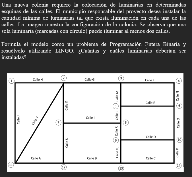 Una nueva colonia requiere la colocación de luminarias en determinadas esquinas de las calles. El municipio responsable del p