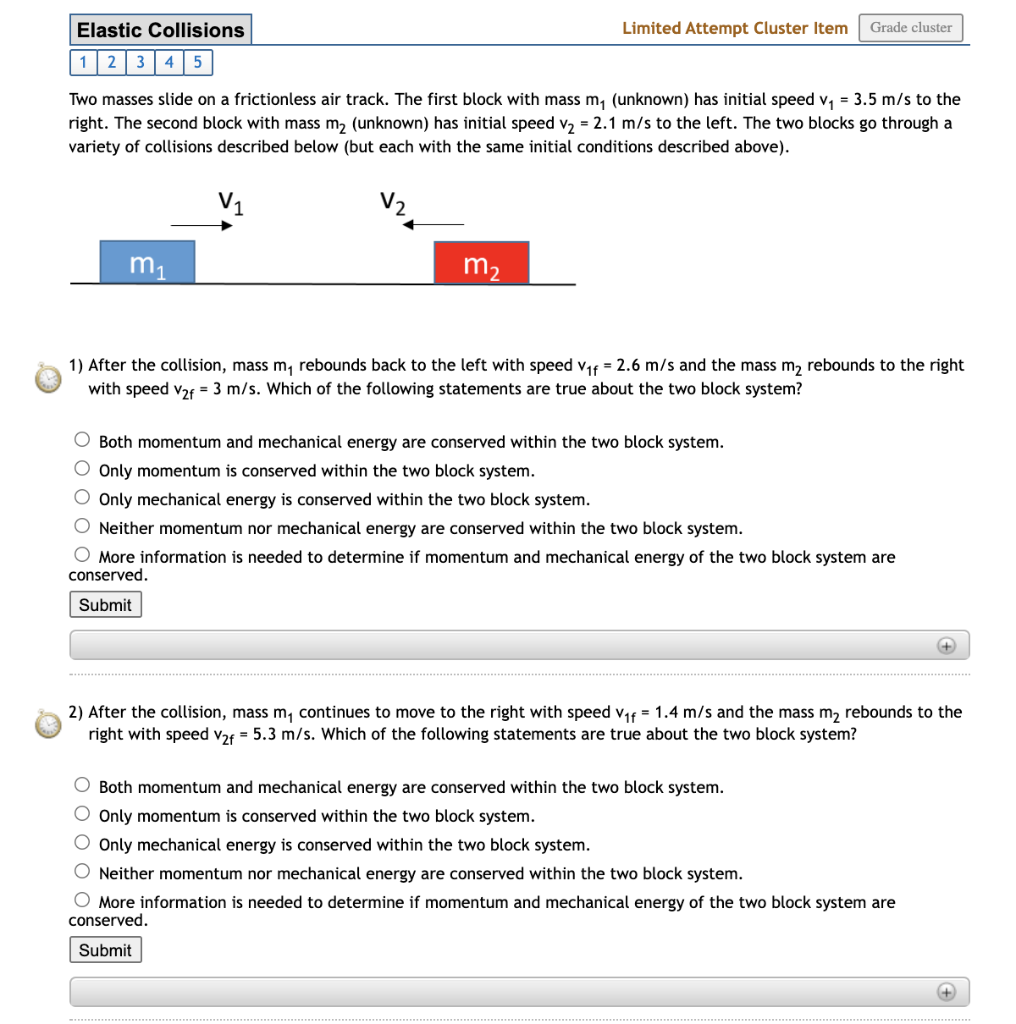 Solved Elastic Collisions Limited Attempt Cluster Item Grade | Chegg.com