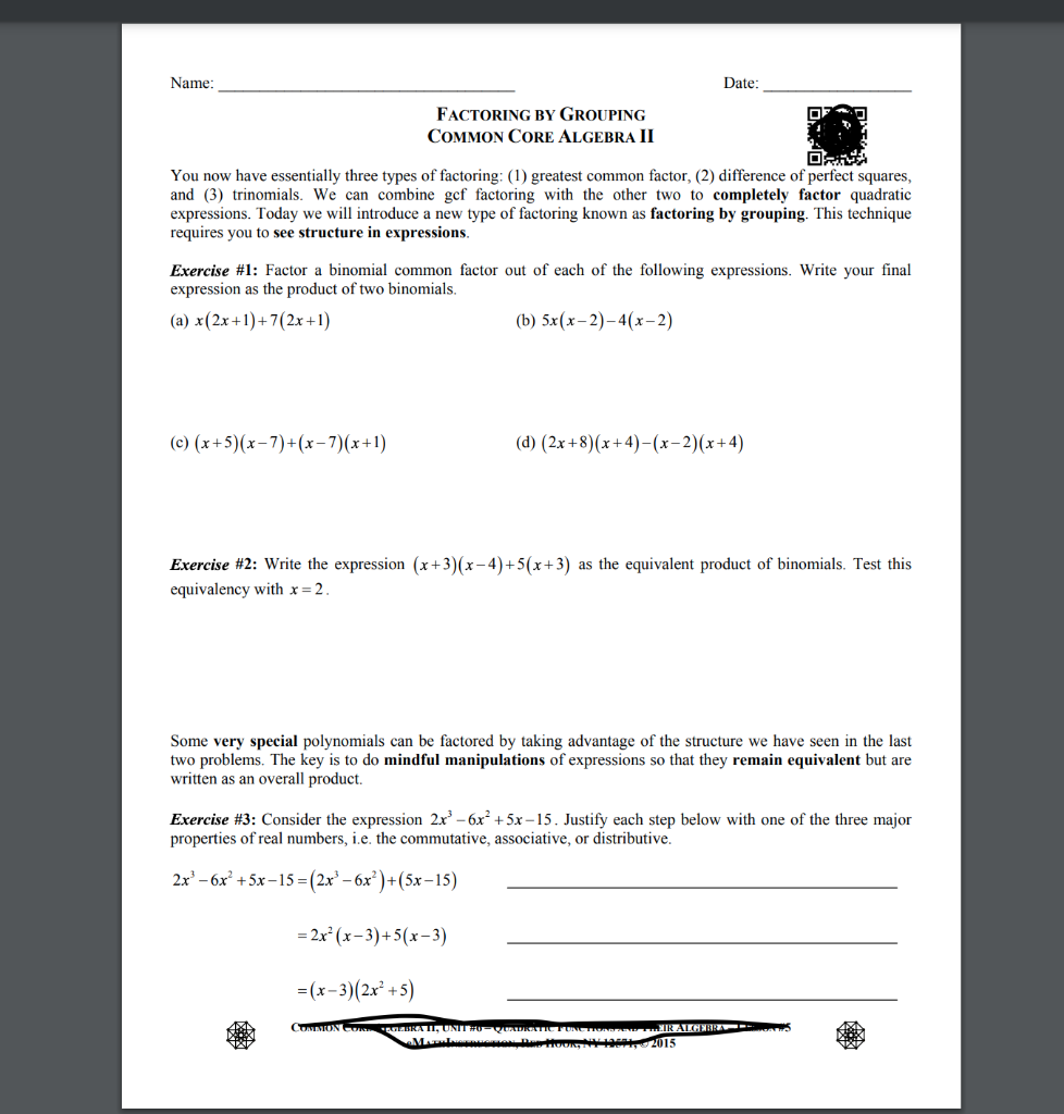 Solved Name FACTORING BY GROUPING COMMON CORE ALGEBRA II