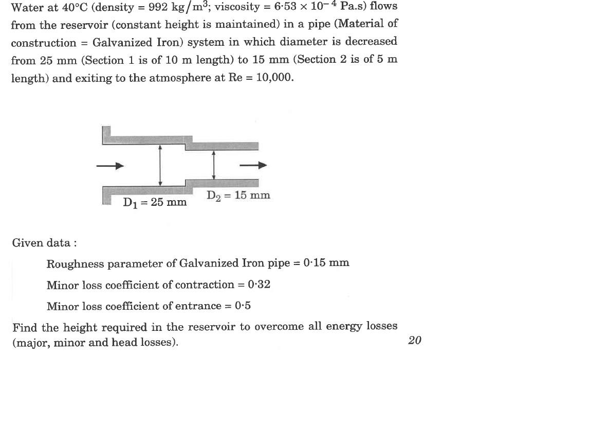 Solved Water at 40∘C (density =992 kg/m3; viscosity | Chegg.com