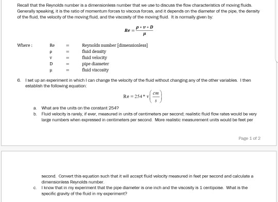 Solved Recall that the Reynolds number is a dimensionless | Chegg.com