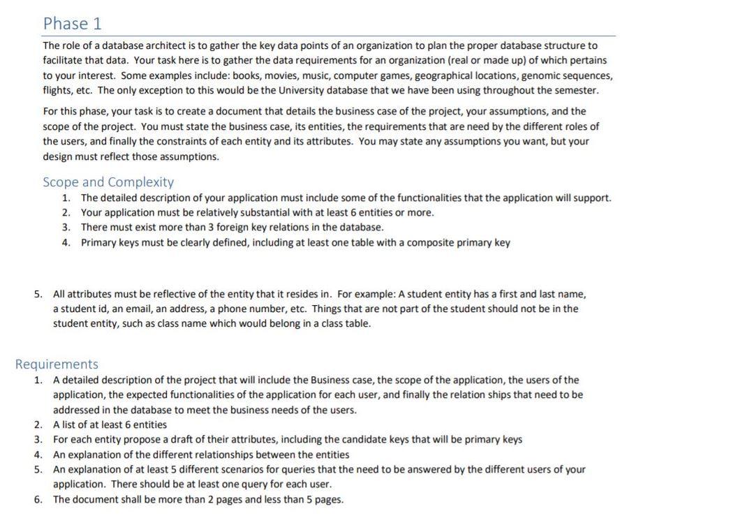 Solved Phase 1 The role of a database architect is to gather | Chegg.com