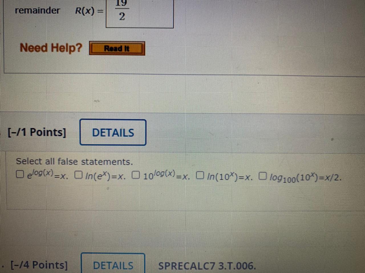 Solved remainder R(x) = 2 Need Help? Read It [-/1 Points] | Chegg.com