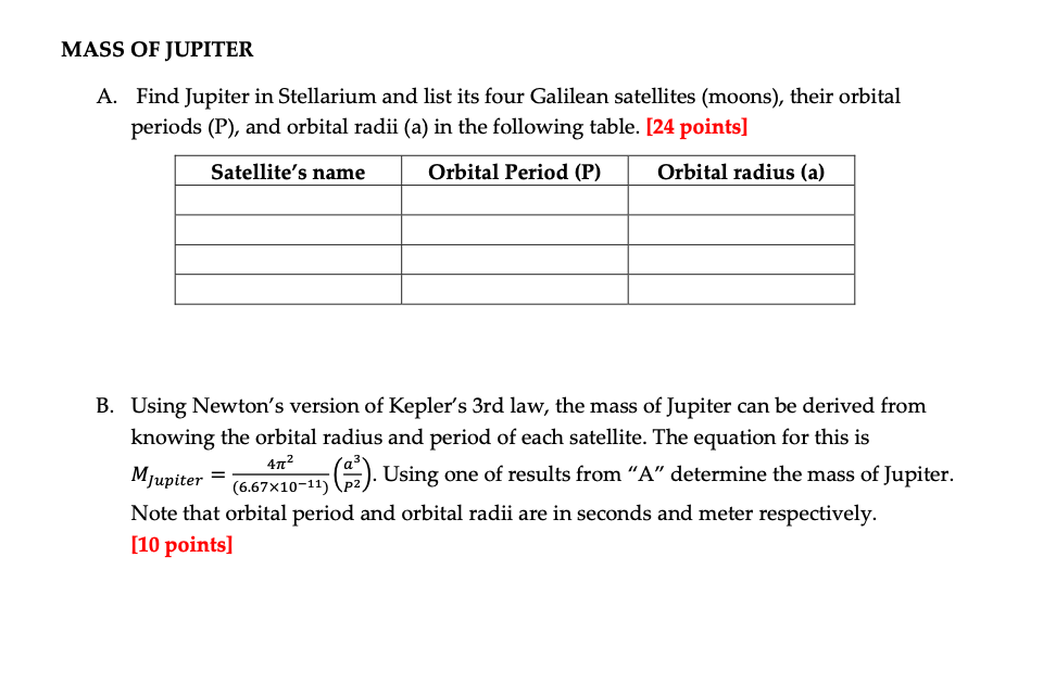 Solved MASS OF JUPITER A. Find Jupiter in Stellarium and