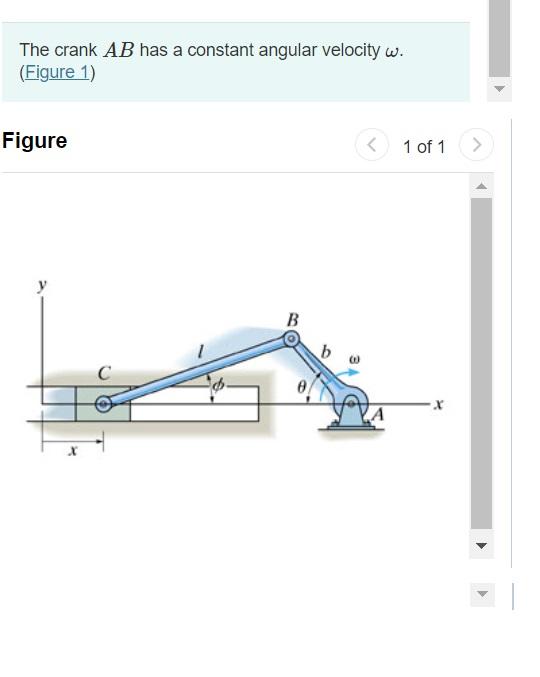 The crank \( A B \) has a constant angular velocity \( \omega \).
(Figure 1)
Figure
1 of 1