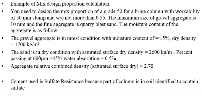 Solved Example of Mix design proportion calculation You need | Chegg.com