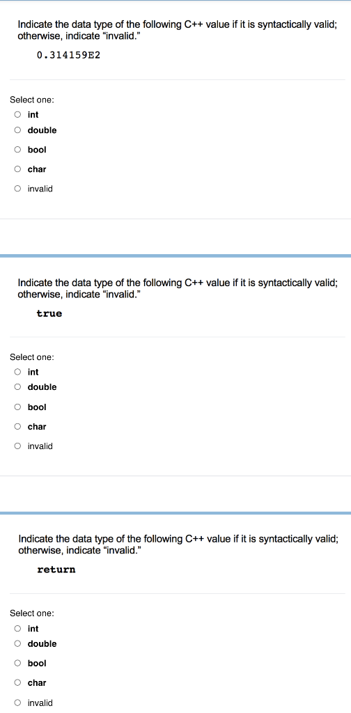 Solved Indicate the data type of the following C++ value if | Chegg.com