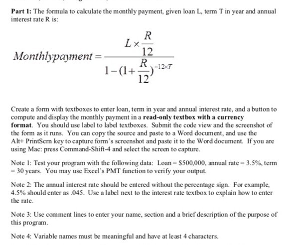 Solved Part 1: The formula to calculate the monthly payment, | Chegg.com