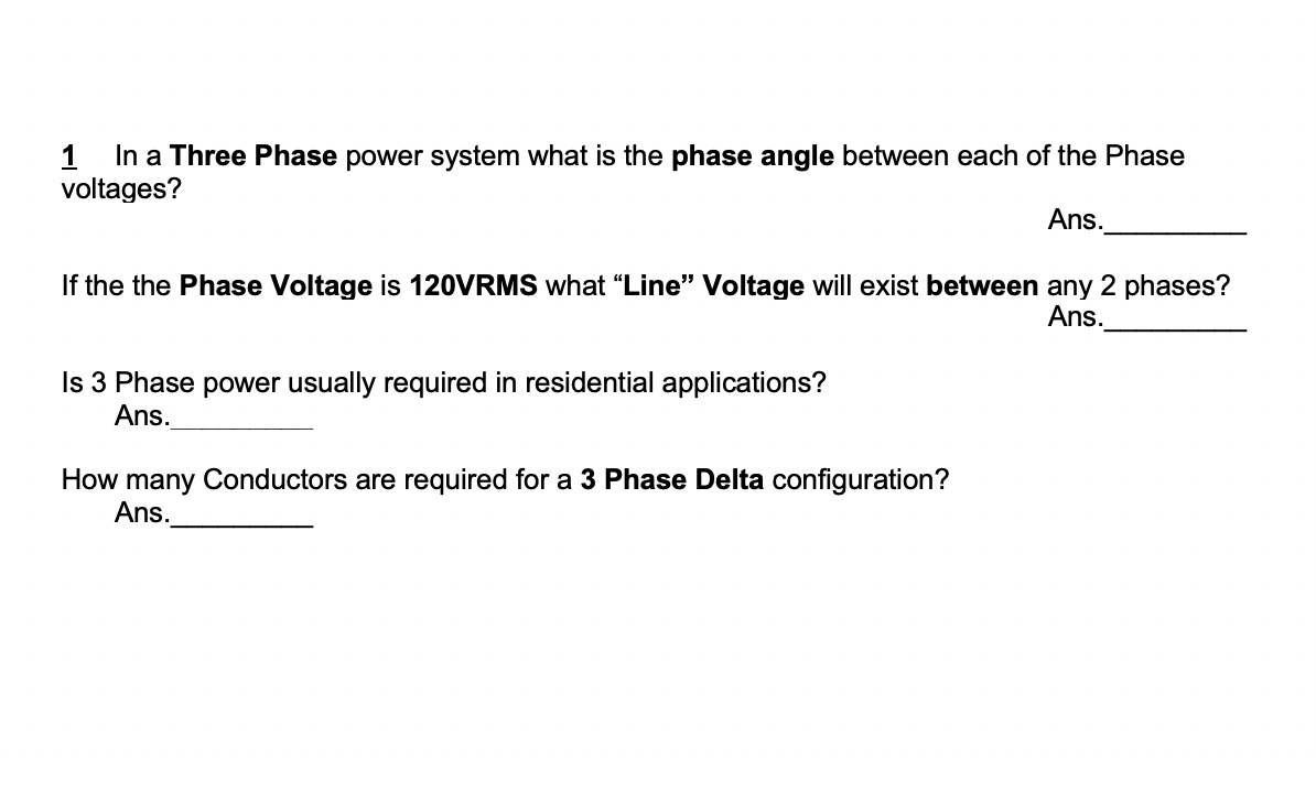 Solved 1 In a Three Phase power system what is the phase | Chegg.com