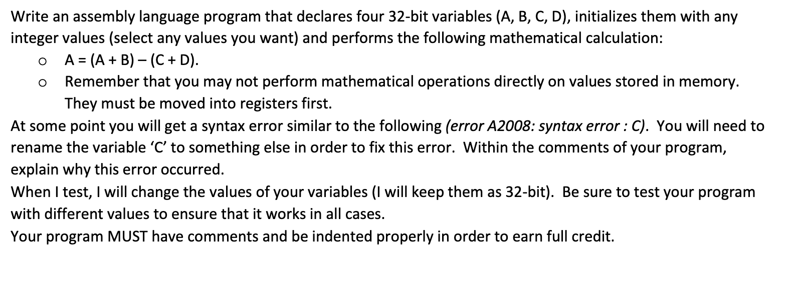 Solved Write An Assembly Language Program That Declares Four | Chegg ...