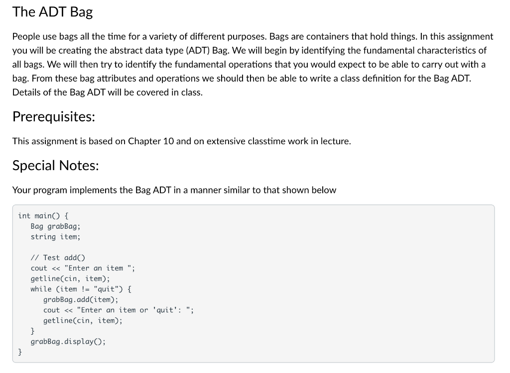 Solved The ADT Bag People use bags all the time for a