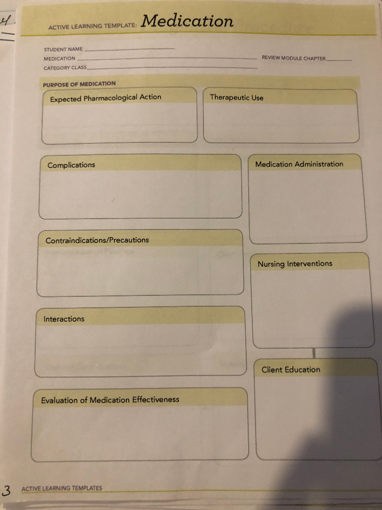 Solved Medication ACTIVE LEARNING TEMPLATE: STUDENT NAME  Chegg.com Intended For Medication Card Template