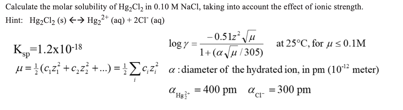 Solved 2+ Calculate the molar solubility of Hg2Cl2 in 0.10 M | Chegg.com