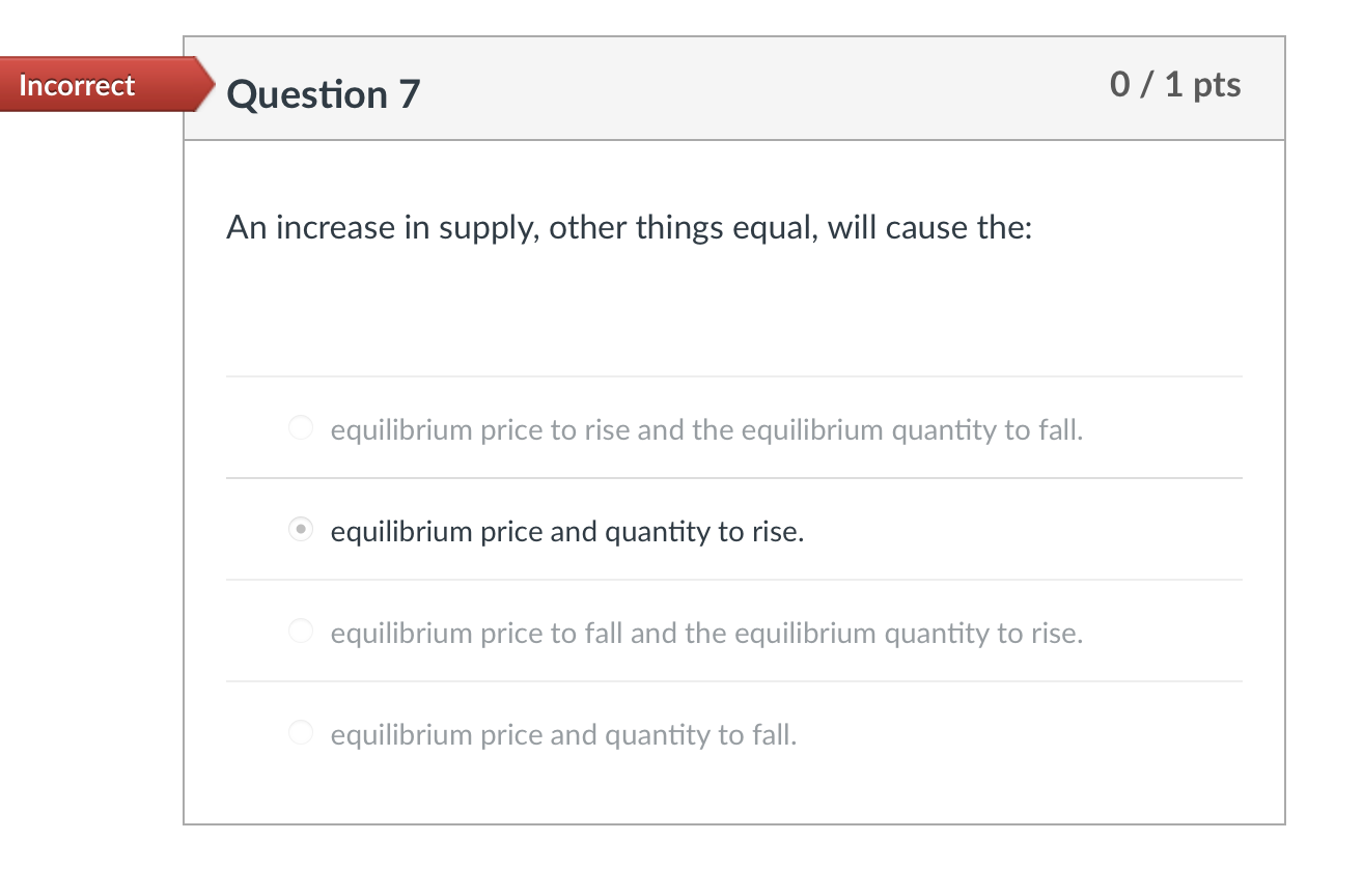 Solved An increase in supply, other things equal, will cause | Chegg.com
