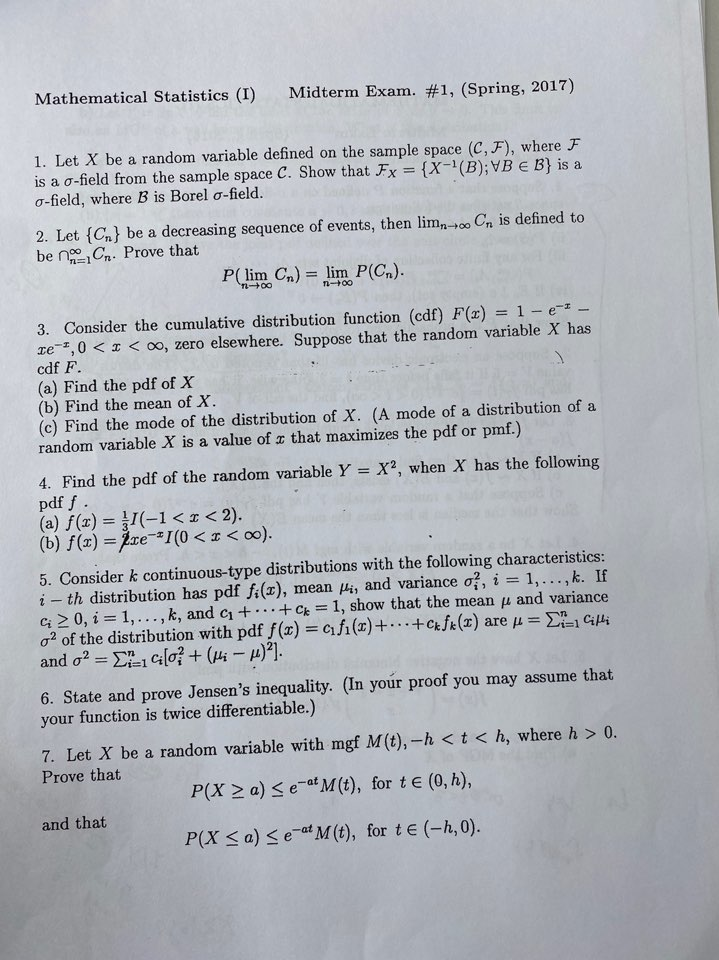 Mathematical Statistics I Midterm Exam 1 Spr Chegg Com