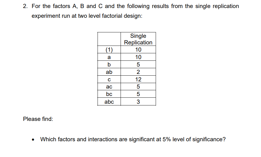 Solved 1. For the factors A,B and C and the following