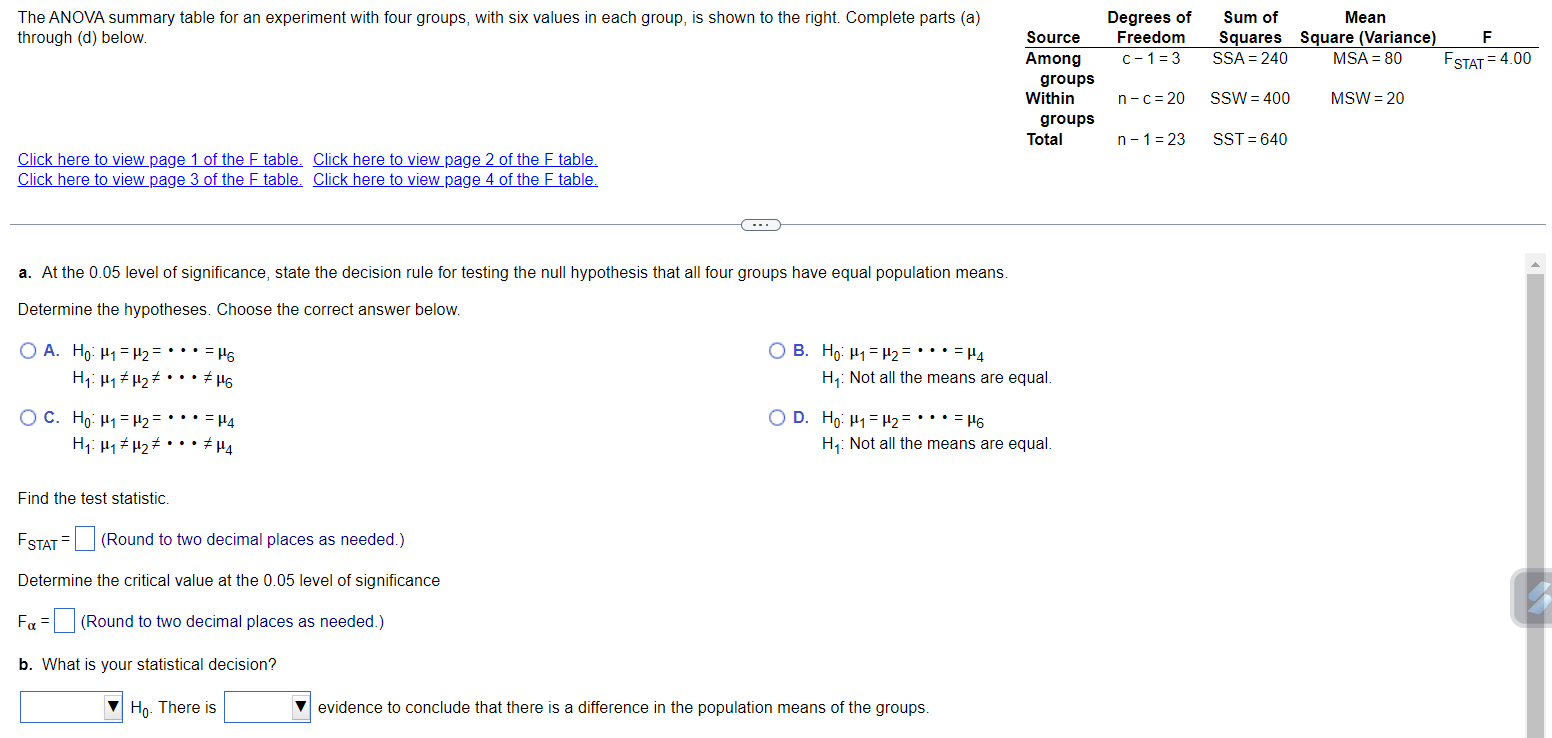 Solved The ANOVA summary table for an experiment with four | Chegg.com