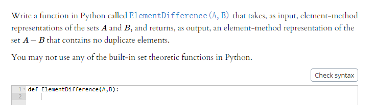 Solved Write a function in Python called ElementDifference | Chegg.com