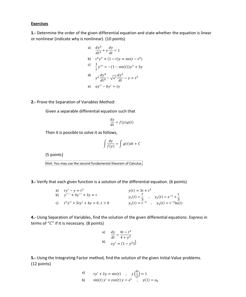 Solved Exercises 1.- Determine the order of the given | Chegg.com