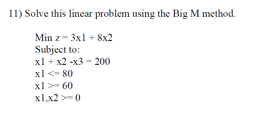 Solved 11) Solve this linear problem using the Big M method. | Chegg.com