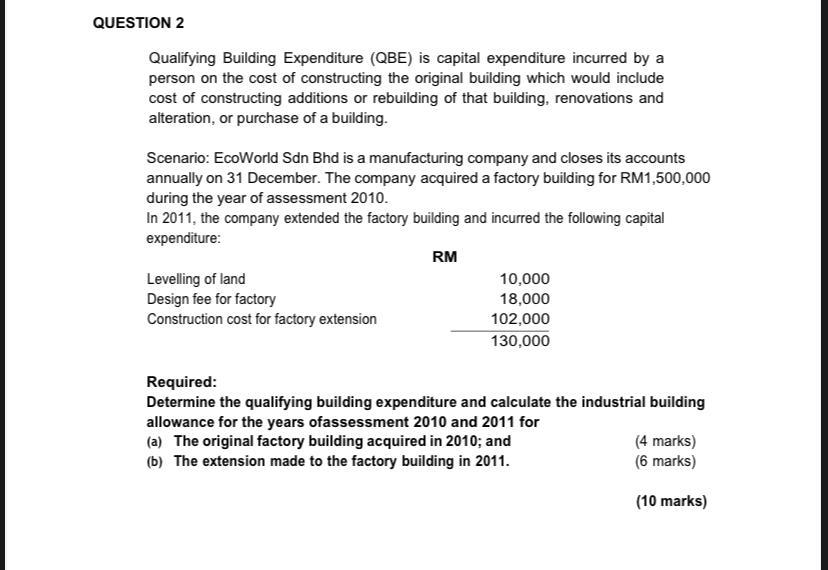 QUESTION 2 Qualifying Building Expenditure (QBE) is