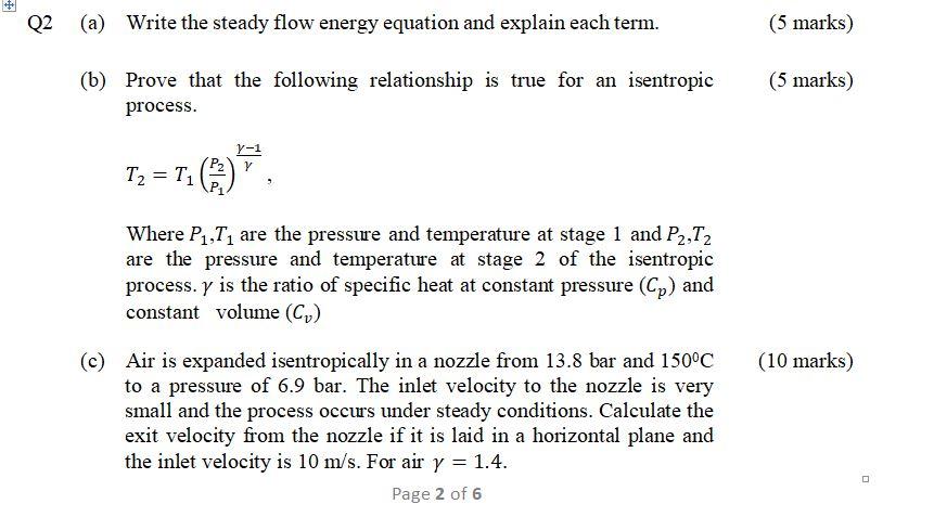 Solved + 生 Q2 (a) Write the steady flow energy equation and | Chegg.com