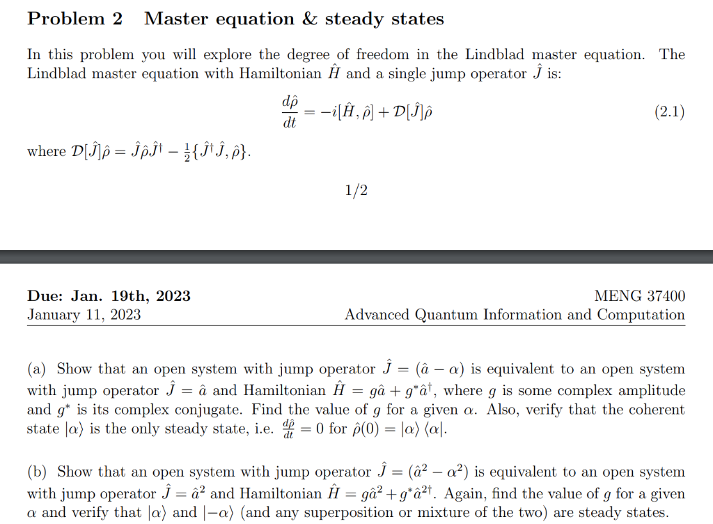 Solved Problem 2 Master equation \& steady states In this | Chegg.com