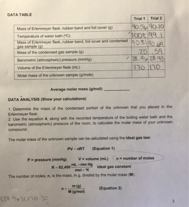 Solved DATA TABLE Trial 1 Trial 2 Mass of Erlenmeyer flask, | Chegg.com