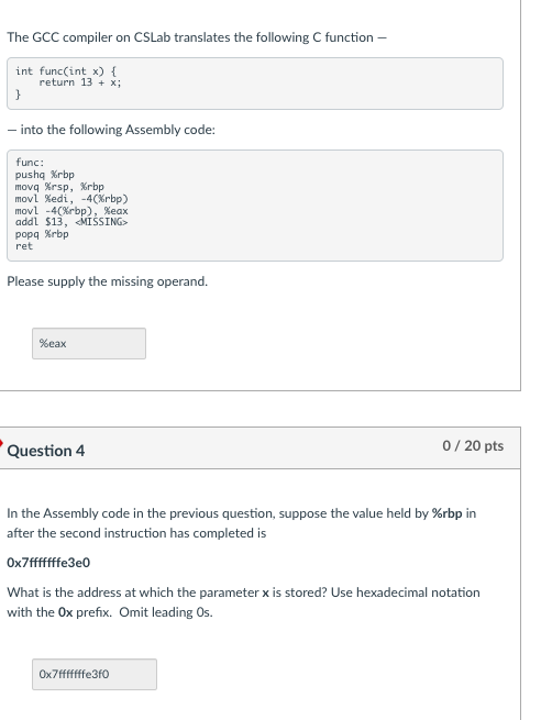 Solved Please supply the missing operand. Question 4 0/20 | Chegg.com