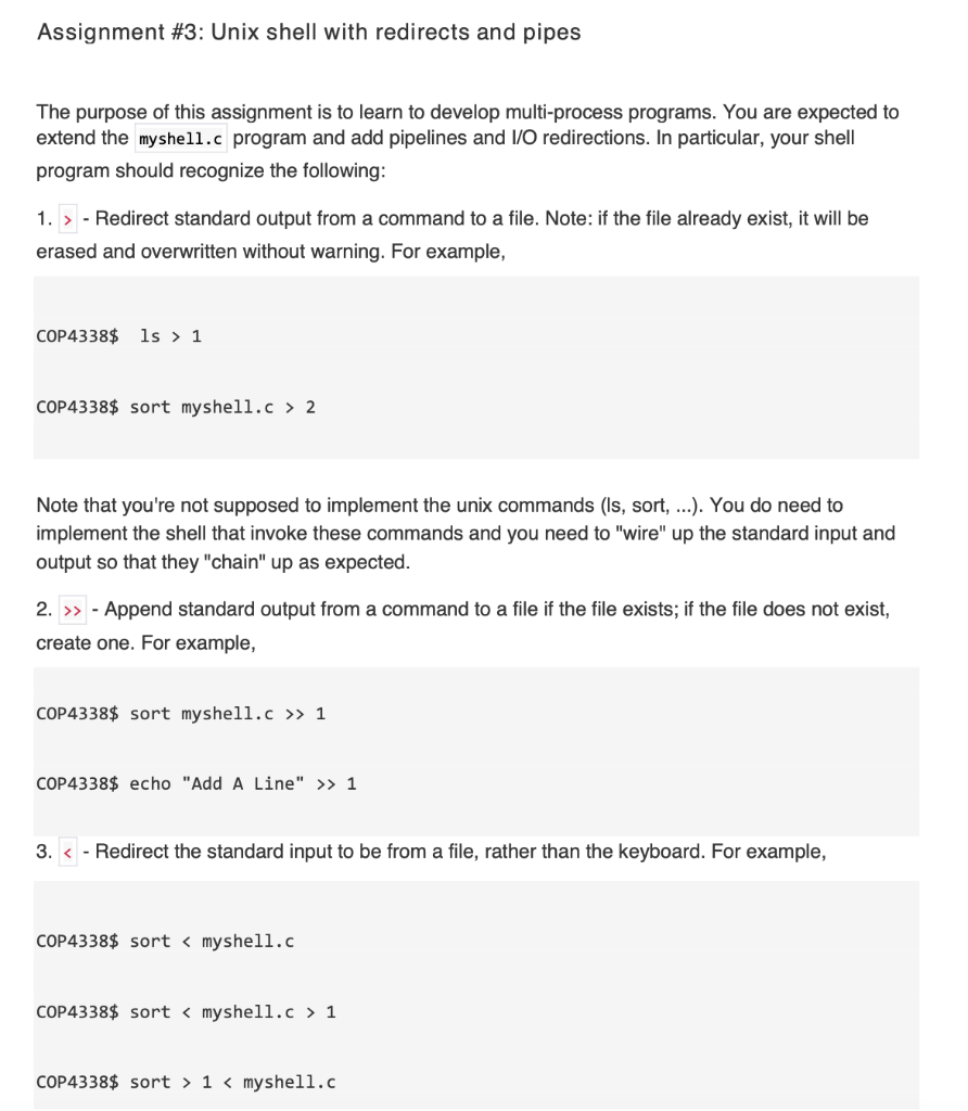Assignment #3: Unix shell with redirects and pipes | Chegg.com